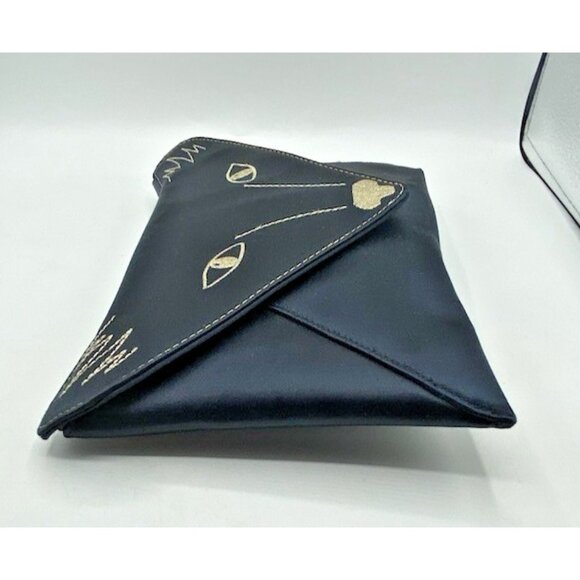 BCBG MaxAzria Black Satin Cat Face Embroidered Envelope Clutch Party Bag - Picture 4 of 16
